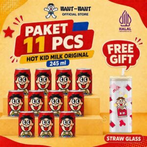 Want Want HALAL Hot Kid Milk Minuman Susu Steril Wang Zai Rasa Original Tin Can 245ml - 11pcs FREE GIFT Straw Glass